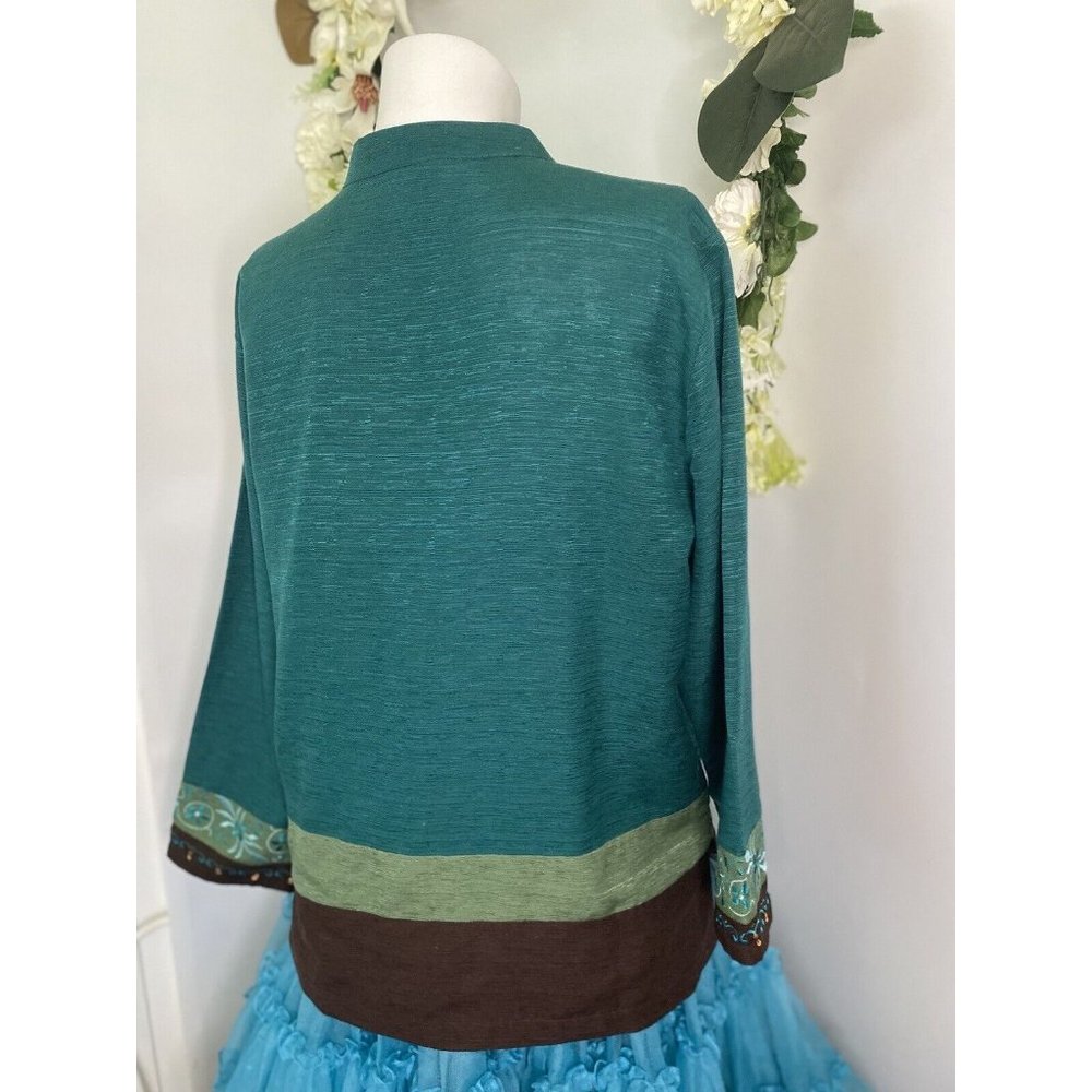 Erin London Womens L Silk Button Down Embroidered‎ Jacket Blazer Green Vintage - Picture 4 of 16